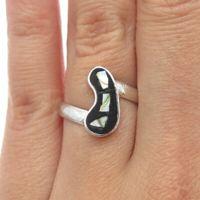 925 Sterling Silver Vintage Real Black Onyx & Abalone Shell Bean Ring Size 6.75