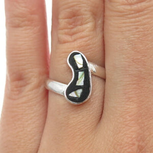 925 Sterling Silver Vintage Real Black Onyx & Abalone Shell Bean Ring Size 6.75
