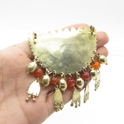 925 Sterling Silver Gold Plated Vintage Israel Carnelian Gem Ethnic Pendant