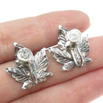 BEAU 925 Sterling Silver Antique Art Deco Maple Leaf Screw Back Earrings