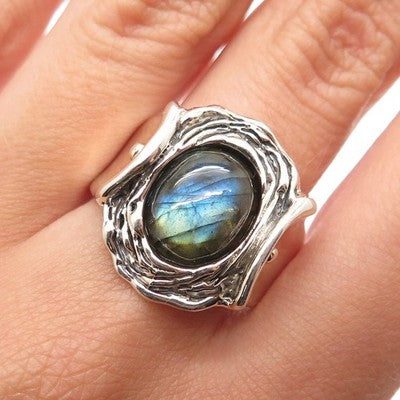 HAGIT GORALI 925 Sterling Vintage Israel Labradorite Modernist Ring Size 9.75