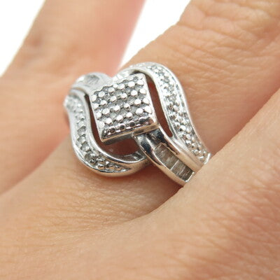 SUN 925 Sterling Silver Real Round-Cut Diamond Bypass Ring Size 7