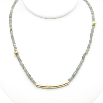 925 Sterling Silver Gold Plated Real Labradorite Beaded Bar Necklace 16-18"