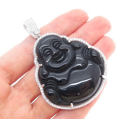 925 Sterling Silver Real Black Onyx & C Z Buddha Pendant