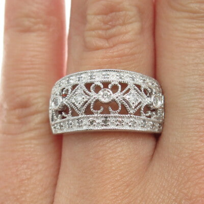 925 Sterling Silver Real Round-Cut Diamond Ornate Ring Size 7