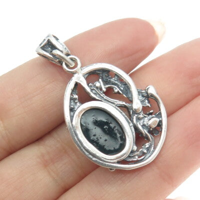 925 Sterling Silver Vintage Real Dark Amber Floral Leaf Pendant