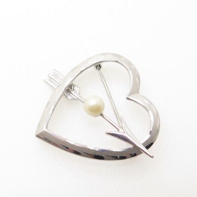 925 Sterling Silver Antique Art Deco Real Pearl Heart & Arrow Pin Brooch