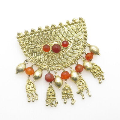 925 Sterling Silver Gold Plated Vintage Israel Carnelian Gem Ethnic Pendant