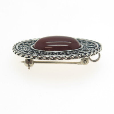 925 Sterling Silver Vintage Real Carnelian Gemstone Ethnic Pin Brooch / Pendant