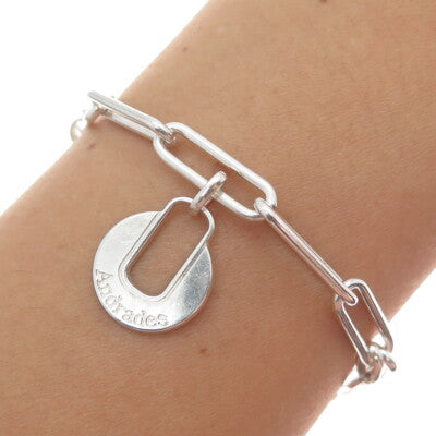 ANDRADES 925 Sterling Vintage Nameplate Charms Paperclip Link Bracelet 7.75-8.5"