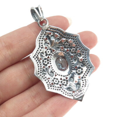 925 Sterling Silver Vintage Real Blue Topaz Floral Blossom Oxidized Pendant