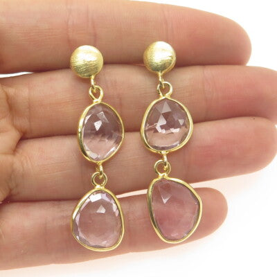 925 Sterling Silver Gold Plated Vintage Amethyst Modernist Dangle Earrings