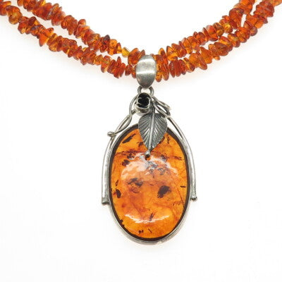 ZIV 925 Sterling Silver Vintage Real Amber Modernist Floral Beaded Necklace 18"