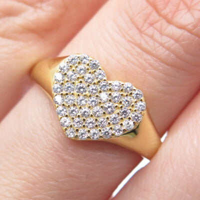 925 Sterling Silver Gold Plated Round-Cut Shaped C Z Heart Ring Size 9