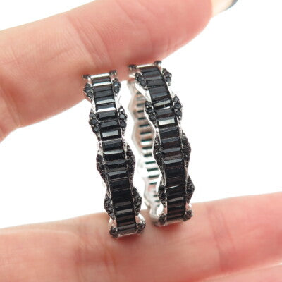 925 Sterling Silver Black C Z Huggie Earrings