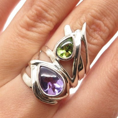 HAGIT GORALI 925 Sterling Silver Vintage Real Amethyst Peridot Ring Size 6.25