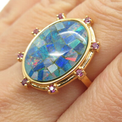 925 Sterling Silver Gold Plated Real Opal Inlay & Amethyst Ring Size 7.25