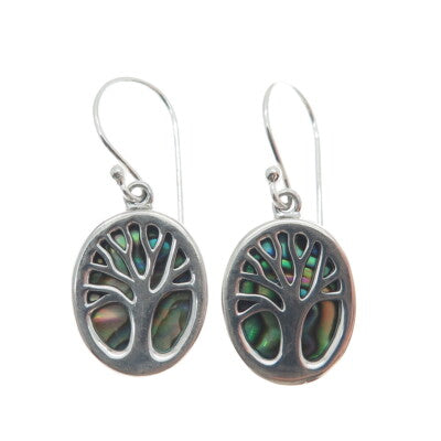 925 Sterling Silver Real Abalone Shell Tree of Life Dangle Earrings