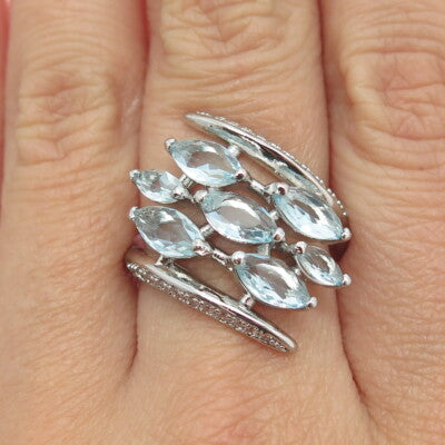 925 Sterling Silver Real Aquamarine Gemstone & C Z Ring Size 8.25