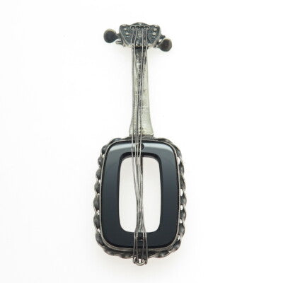 925 Sterling Silver Antique Art Deco Real Black Onyx Banjo Musical Pin Brooch