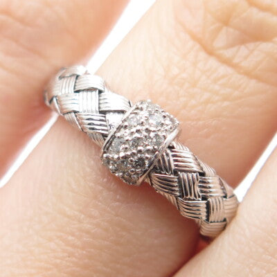 925 Sterling Silver Real Round-Cut Diamond Woven Band Ring Size 5.75