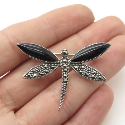 SLC Select Jewelry Sterling Silver Vintage Black Onyx Marcasite Dragonfly Brooch