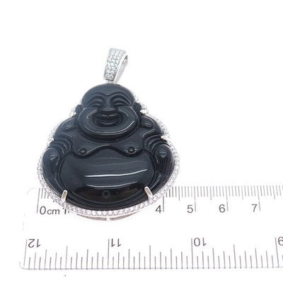 925 Sterling Silver Real Black Onyx & C Z Buddha Pendant
