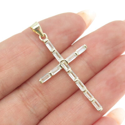 925 Sterling Silver Gold Plated Baguette-Cut C Z Cross Pendant