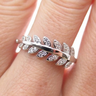925 Sterling Silver Round-Cut C Z Laurel Leaf Ring Size 8.75