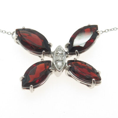 925 Sterling Silver Italy Real Diamond & Red Garnet Gem Butterfly Necklace 18"
