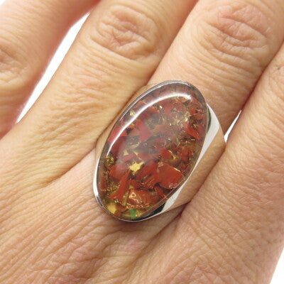 925 Sterling Silver Vintage Mexico Real Red Jasper Inlay Adjustable Ring Size 8