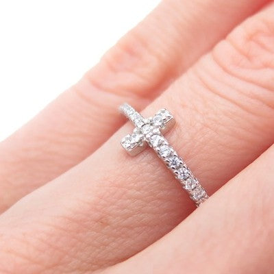 925 Sterling Silver Round-Cut C Z Cross Ring Size 4.75