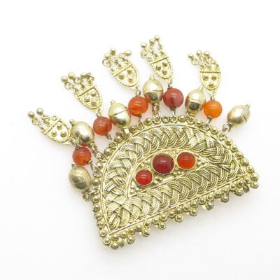 925 Sterling Silver Gold Plated Vintage Israel Carnelian Gem Ethnic Pendant