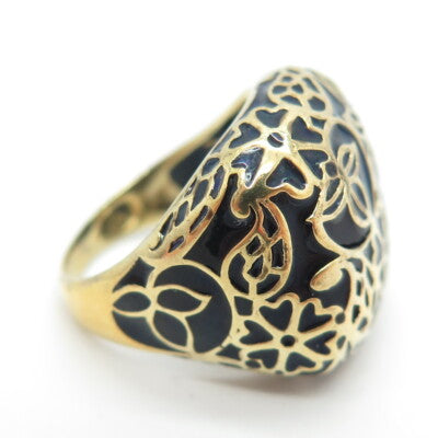 925 Sterling Silver Gold Plated Black Enamel Floral Wide Ring Size 6