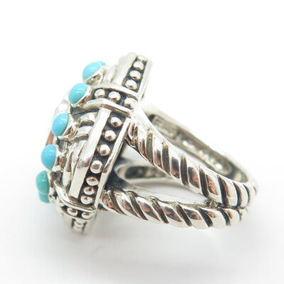 925 Sterling Silver Real Smoky Quartz & Turquoise Gemstone Ethnic Ring Size 6