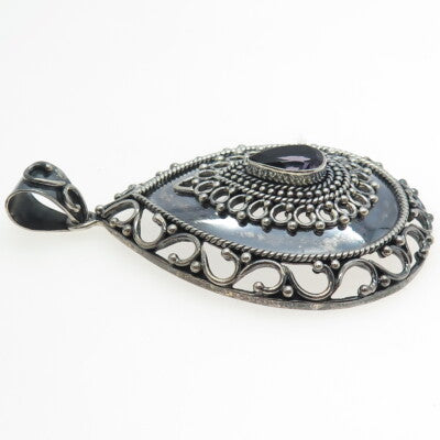 925 Sterling Silver Vintage Real Amethyst Gemstone Boho / Ethnic Pendant