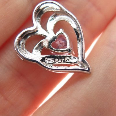 SAI 925 Sterling Silver Pink C Z Double Heart Minimalist Slide Charm Pendant