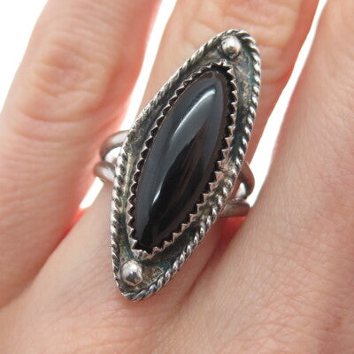 Old Pawn Sterling Silver Vintage Southwestern Black Onyx Oxidized Ring Size 5.5