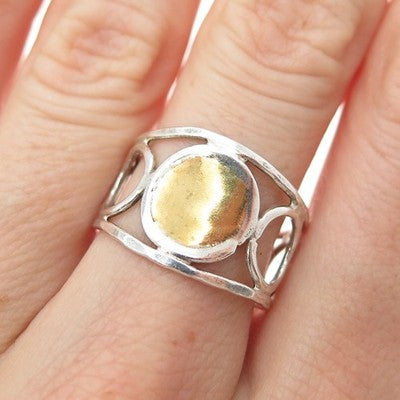 925 Sterling Silver 2-Tone Vintage Modernist Sun Symbol Circle Link Ring Size 8