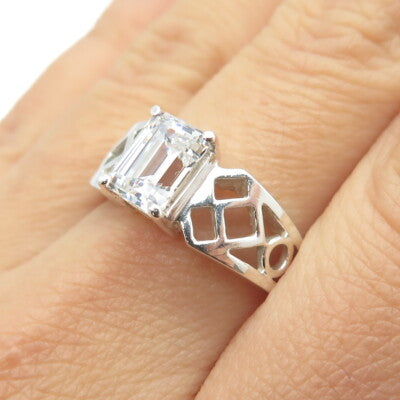 925 Sterling Silver Emerald-Cut Shaped C Z Cage Ring Size 9
