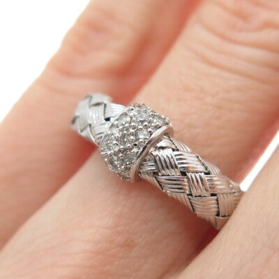 925 Sterling Silver Real Round-Cut Diamond Woven Band Ring Size 4.25