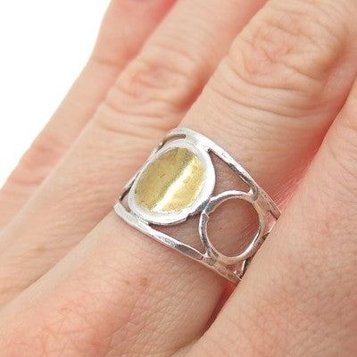 925 Sterling Silver 2-Tone Vintage Modernist Sun Symbol Circle Link Ring Size 8