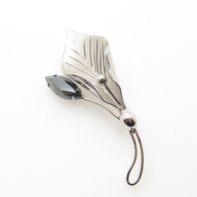 CURTIS CREATIONS 925 Sterling Silver Antique Art Deco Hematite Gem Lily Brooch