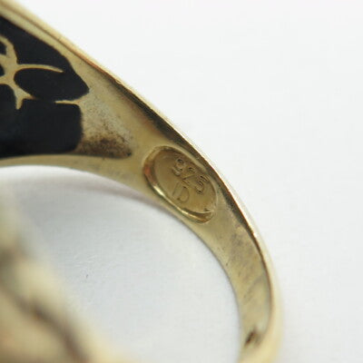 925 Sterling Silver Gold Plated Black Enamel Floral Wide Ring Size 6