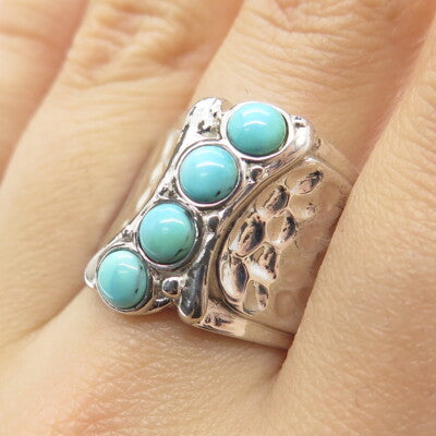925 Sterling Silver Real Turquoise Gemstone Hammered Finish Ring Size 6.5