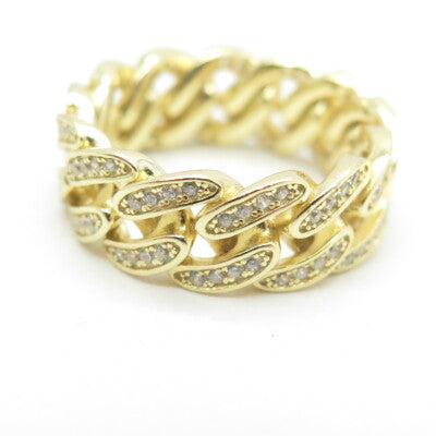 925 Sterling Silver Gold Plated Pave C Z Cuban Chain Band Ring Size 6