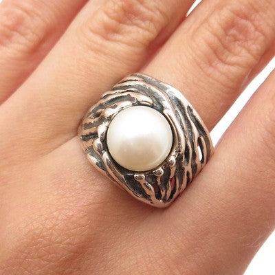 HAGIT GORALI Sterling Silver Vintage Israel Pearl Modernist Nest Ring Size 9.25