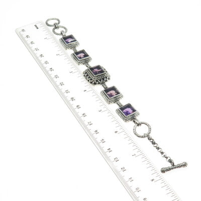 BERIA 925 Sterling Silver Vintage Real Amethyst Gem Tennis Link Bracelet 7.5"