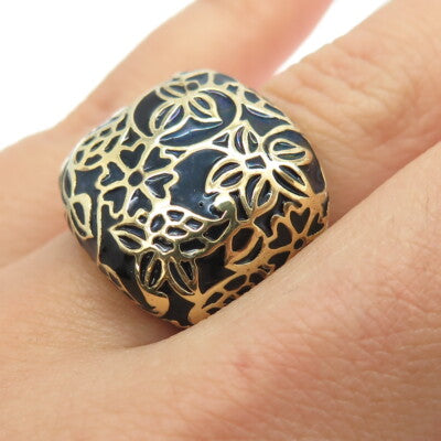 925 Sterling Silver Gold Plated Black Enamel Floral Wide Ring Size 6