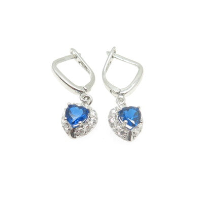 925 Sterling Silver White & Blue C Z Heart Dangling Earrings